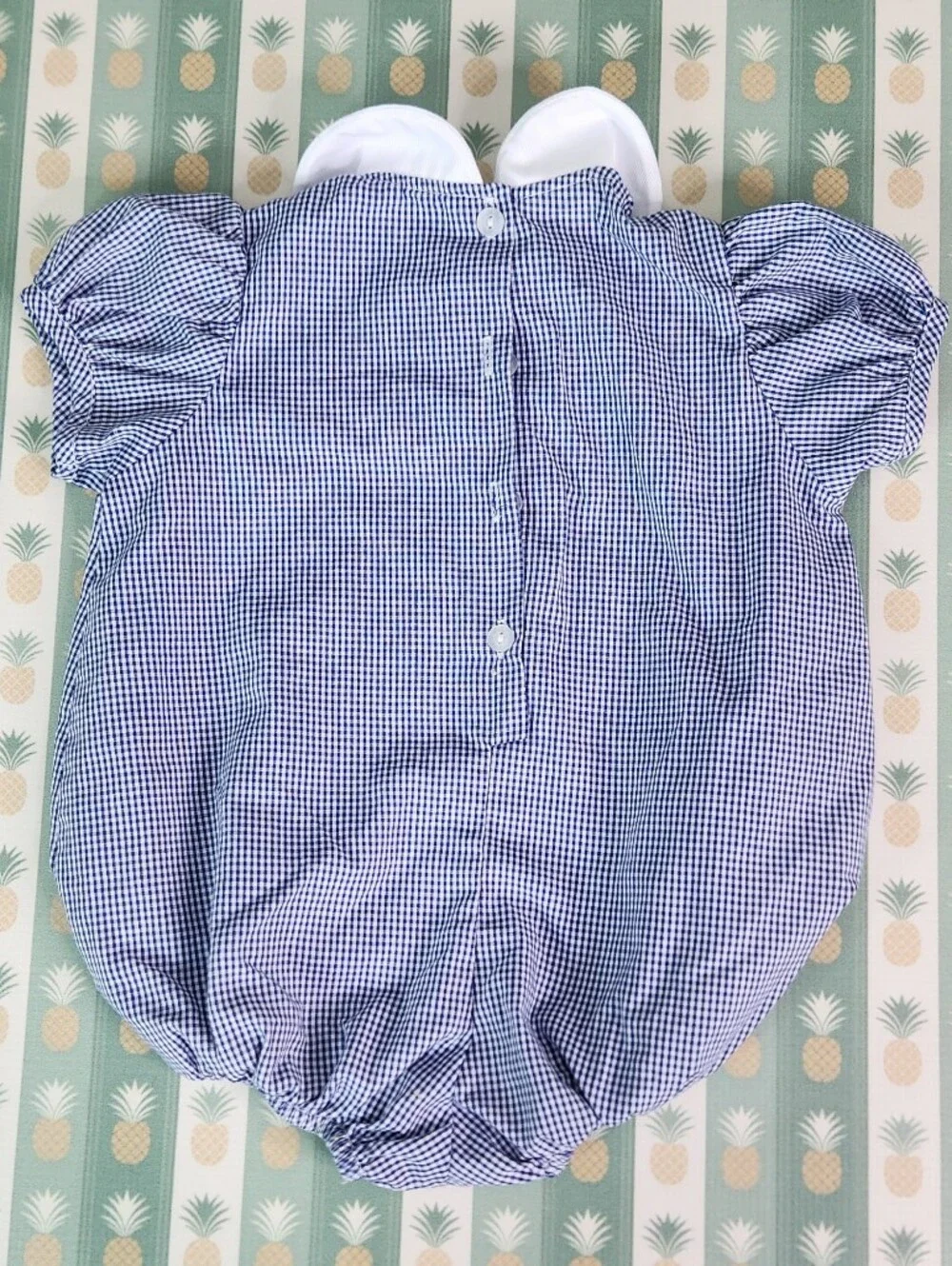 Xavier University Navy Gingham Baby Bubble Romper with White Peter Pan Collar